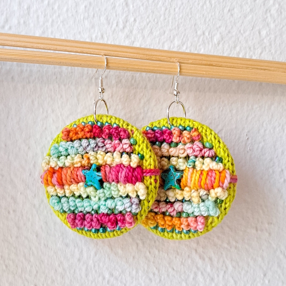 Hand Crafted Multicolor Crochet Round Earrings with Teal Star Accent - Picture 15 of 16